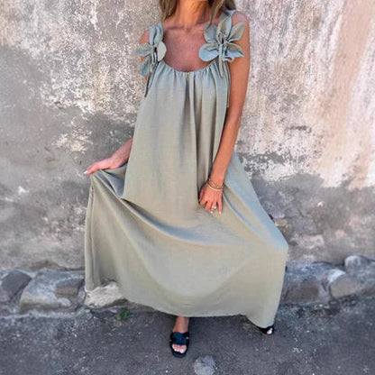 Robe longue femme – Coupe fluide – Tissu respirant – Détails floraux épaules