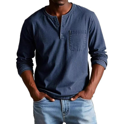 T-shirt manches longues homme – Coupe slim – Tissu respirant – Col boutonné avec poche