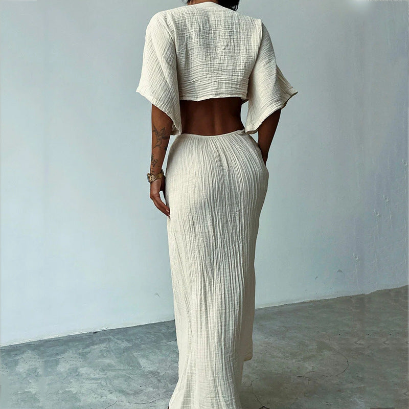 Robe longue femme – Coupe slim – Décolleté V – Dos nu – Découpes à la taille – Manches courtes