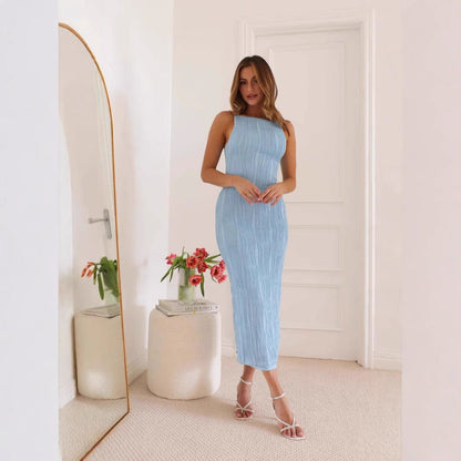 Robe femme sans manches – Coupe moulante – Dos nu – Texture effet ondulé – Longueur midi