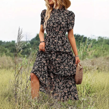 Robe midi femme – Coupe fluide – Imprimé fleuri – Manches bouffantes – Taille marquée