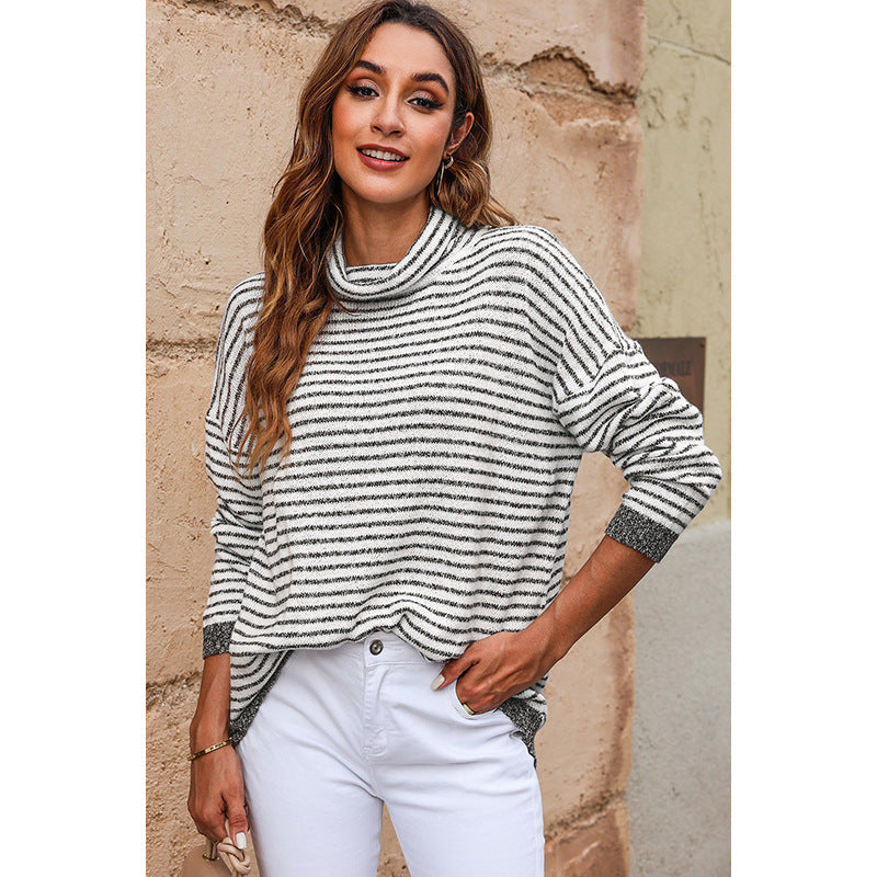 Women’s Turtleneck Knitwear – Relaxed Fit – Wool Blend – Striped – Ribbed Hem & Cuffs
