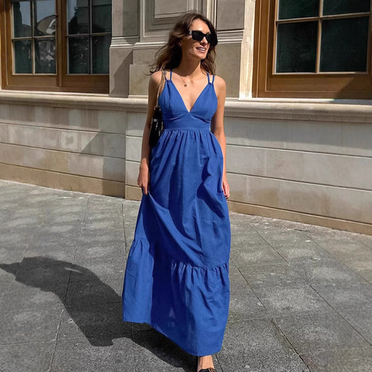 Robe longue femme – Coton lin – Sans manches – Coupe évasée – Col en V