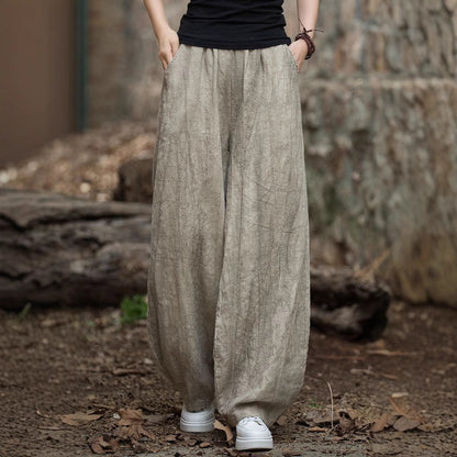 Pantalon décontracté femme – Coupe ample – Fibre naturelle – Style lanterne texturé