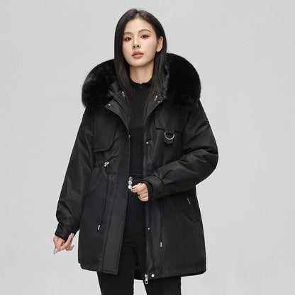 Veste parka femme – Coupe oversize – Capuche fausse fourrure – Taille ajustable