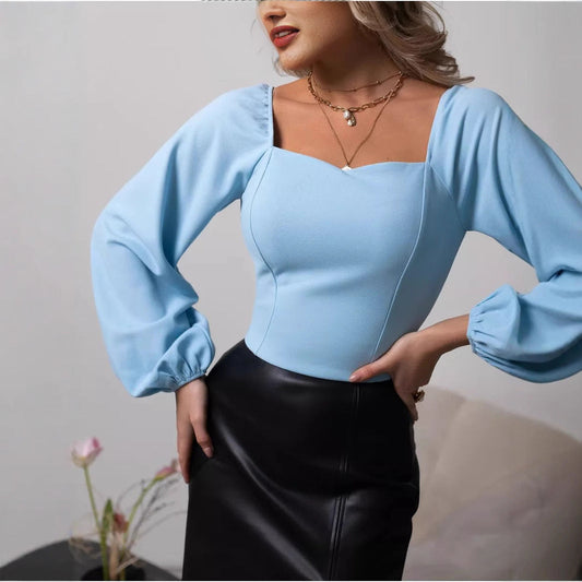 Top femme manches longues – Coupe slim – Tissu stretch – Col carré – Épaules bouffantes