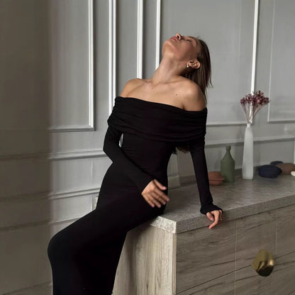 Robe longue femme – Coupe moulante – Épaules dénudées – Manches longues élégantes