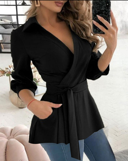 Blouse femme – Coupe cintrée – Manches longues – Col chemise – Ceinture ajustable