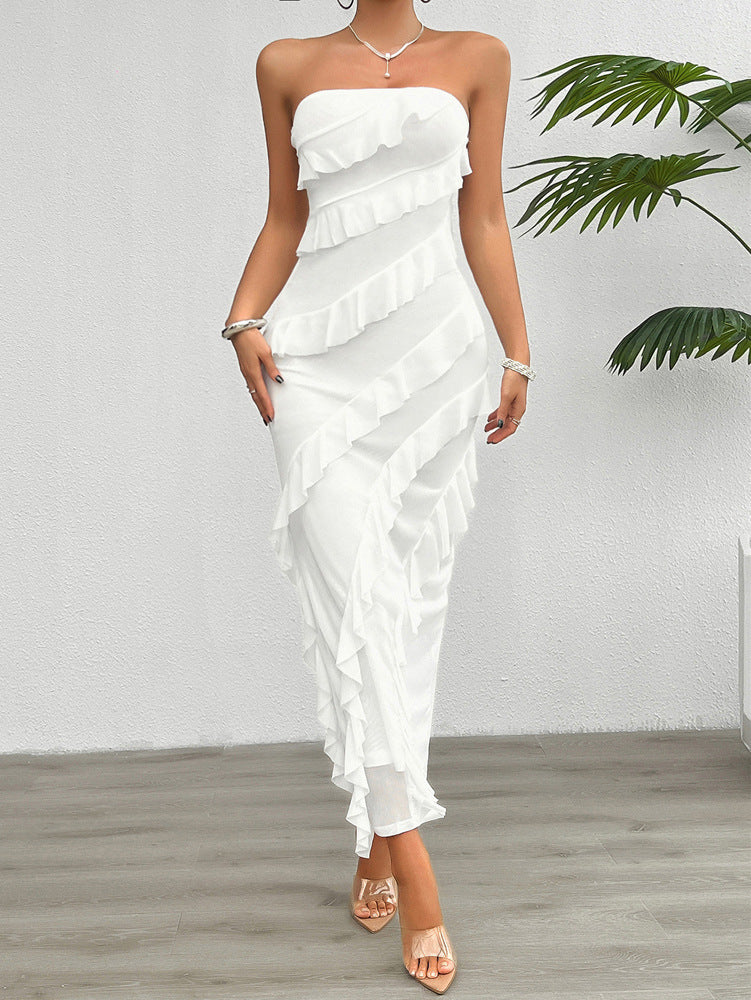 Robe femme bustier – Coupe moulante – Longue – Volants asymétriques élégants