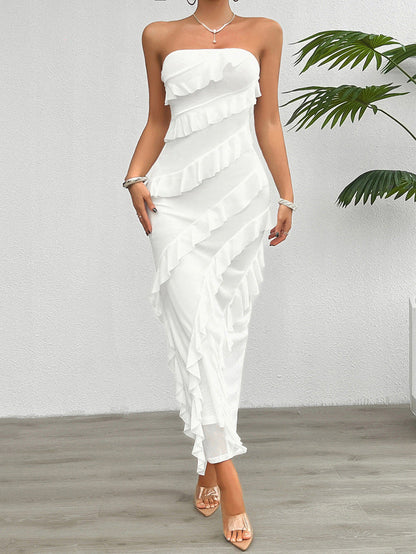 Robe femme bustier – Coupe moulante – Longue – Volants asymétriques élégants