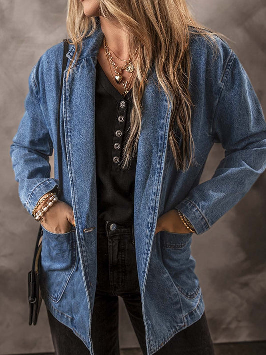 Blazer femme en denim – Coupe slim – Fermeture un bouton – Style décontracté structuré