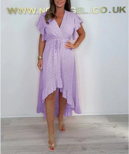 Robe portefeuille femme – Tissu léger respirant – Manches volantées – Ourlet asymétrique