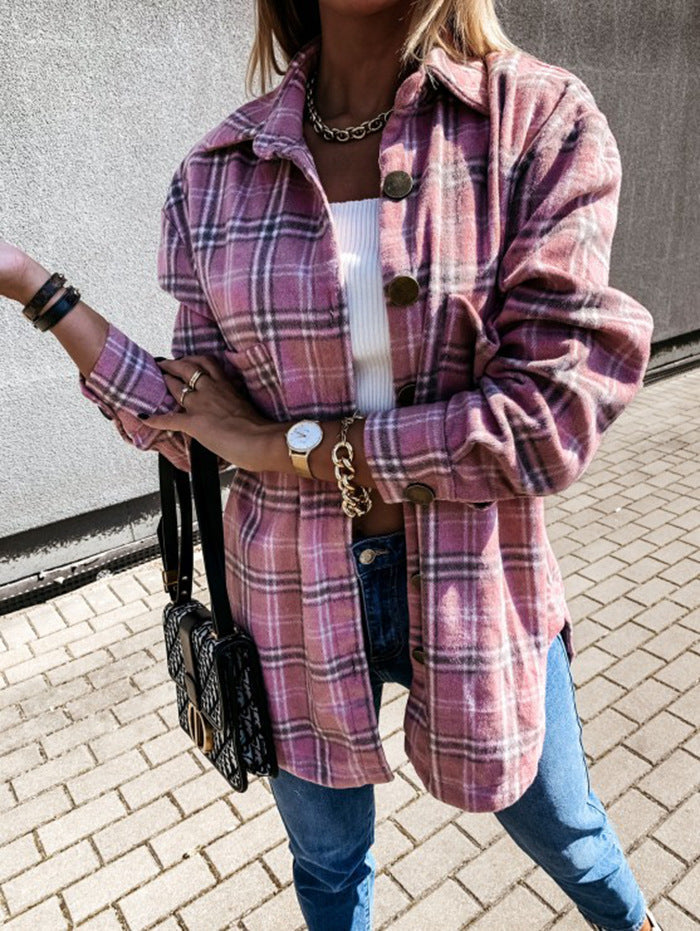 Veste femme à carreaux – Coupe oversize – Tissu effet laine – Longueur mi-cuisse