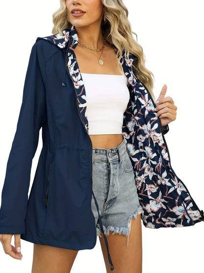 Veste coupe-vent femme – Coupe slim – Imperméable – Capuche – Doublure fleurie