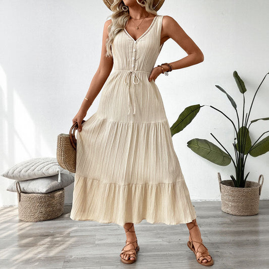 Robe midi sans manches femme – Coupe ample – Col en V – Boutonnée – Taille ajustable