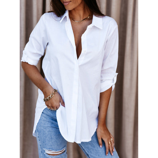 Blouse femme – Coupe décontractée – Col V – Manches longues roulables – Tissu respirant