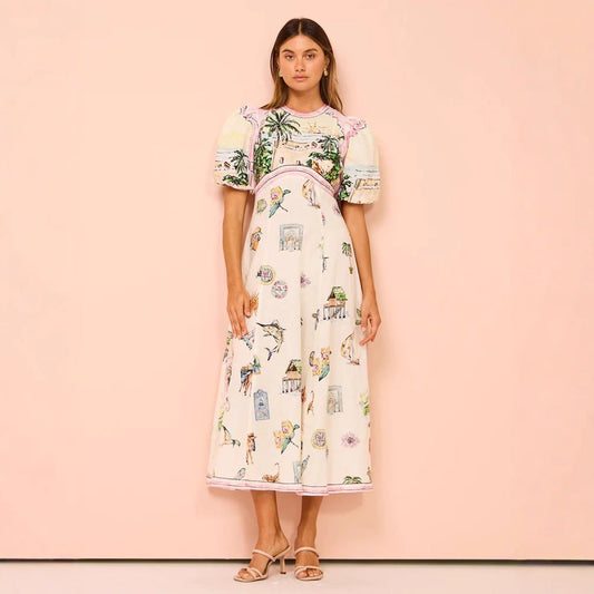 Robe femme évasée – Manches bouffantes – Longue – Imprimé artistique – Taille cintrée