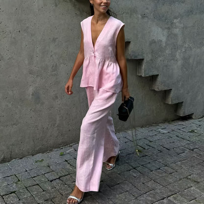 Ensemble deux pièces femme – Haut péplum sans manches col V – Pantalon fluide long