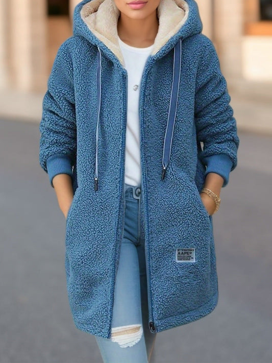 Veste mi-longue femme – Coupe oversize – Effet peau lainée – Capuche zippée