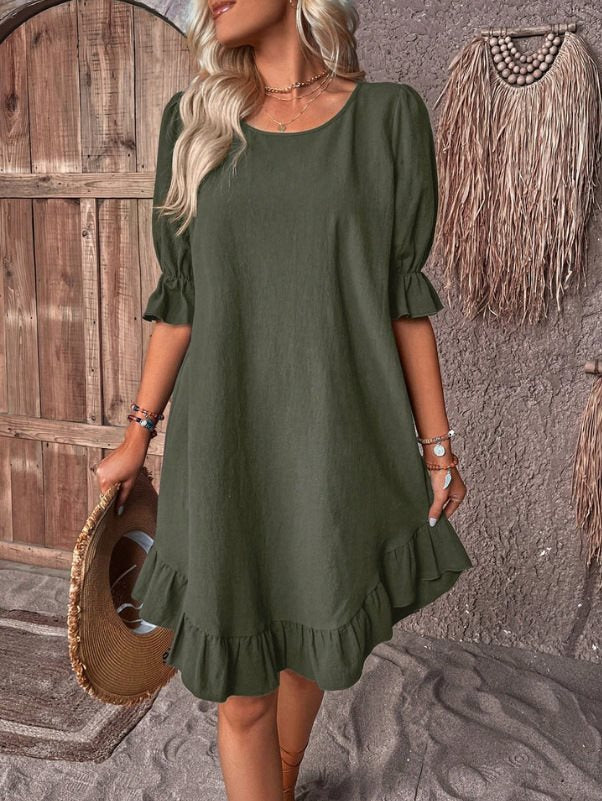 Robe midi femme – Coupe fluide – Manches volantées – Ourlet à volants – Tissu respirant