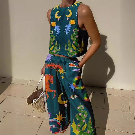 Top court sans manches femme – Coupe décontractée – Motifs imprimés audacieux – Fibres naturelles