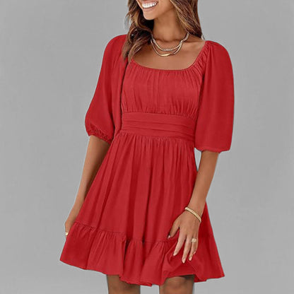 Robe femme évasée – Coton léger – Manches bouffantes – Encolure carrée – Ourlet volanté