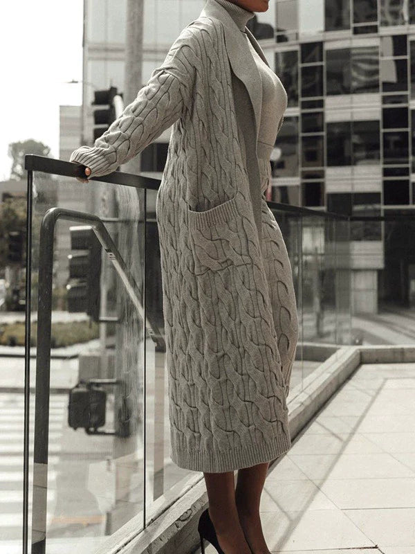 Cardigan long femme – Laine torsadée – Coupe oversize – Poches – Ouverture frontale