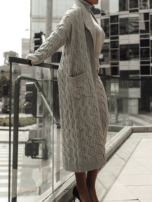 Cardigan long femme – Laine torsadée – Coupe oversize – Poches – Ouverture frontale