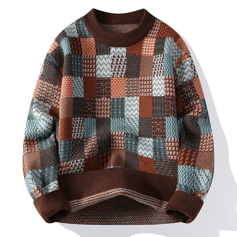 Homme Pull - Maille - Coupe Décontractée - Col Rond - Manches Longues - Motif Damier
