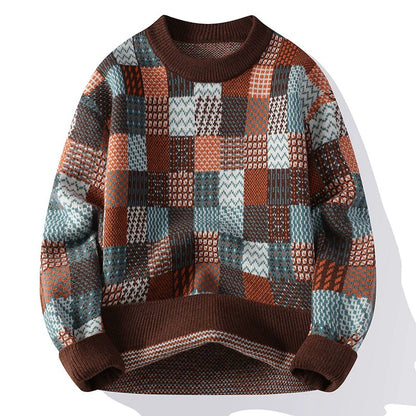 Homme Pull - Maille - Coupe Décontractée - Col Rond - Manches Longues - Motif Damier
