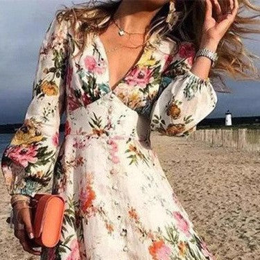 Robe longue femme – Coupe évasée fluide – Décolleté en V – Manches longues – Tissu respirant