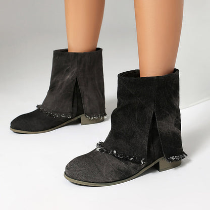 Bottines femme – Coupe décontractée – Talon plat – Tissu effet denim usé – Enfilage facile
