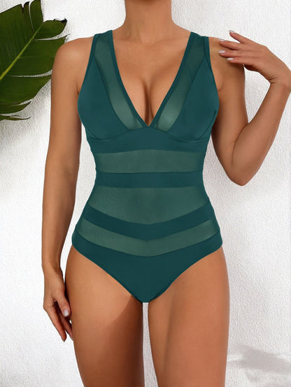 Maillot de bain femme une pièce – décolleté plongeant – inserts en mesh – coupe moulante