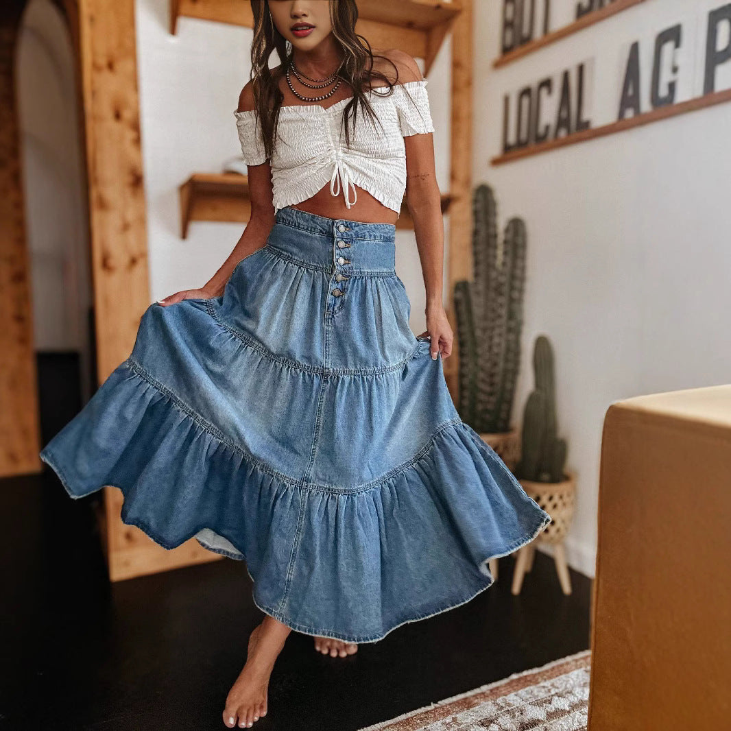 Jupe femme en jean – Coupe évasée – Boutonnée devant – Volants superposés