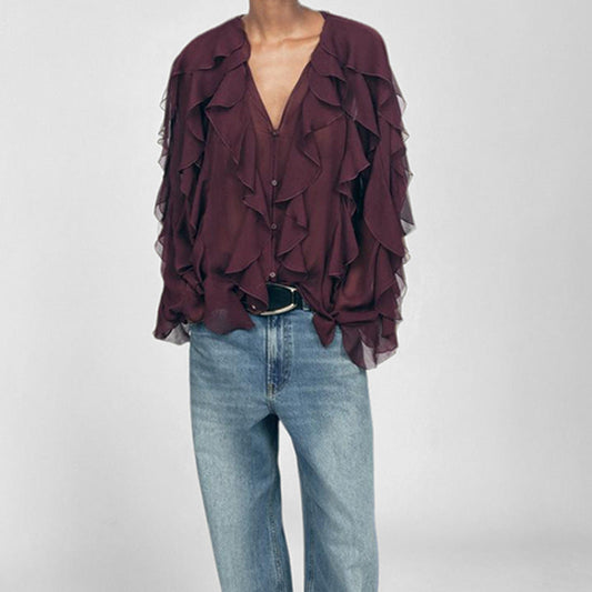 Blouse Femme – Tissu Léger Respirant – Col V – Coupe Ample – Volants Superposés – Manches Longues