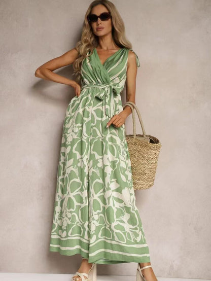 Combinaison femme – Sans manches – Décolleté en V – Taille nouée – Coupe fluide imprimée