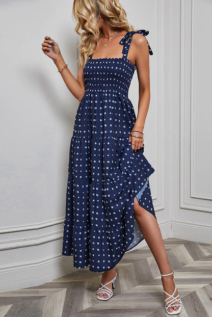 Robe longue femme – Bustier smocké – Bretelles à nouer – Jupe évasée à volants – Dos nu