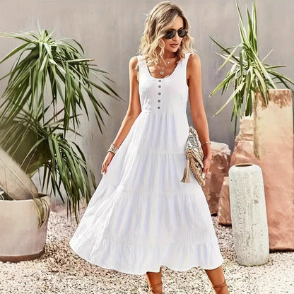 Robe longue femme – Sans manches – Coupe évasée – Coton léger – Jupe à volants – Boutons