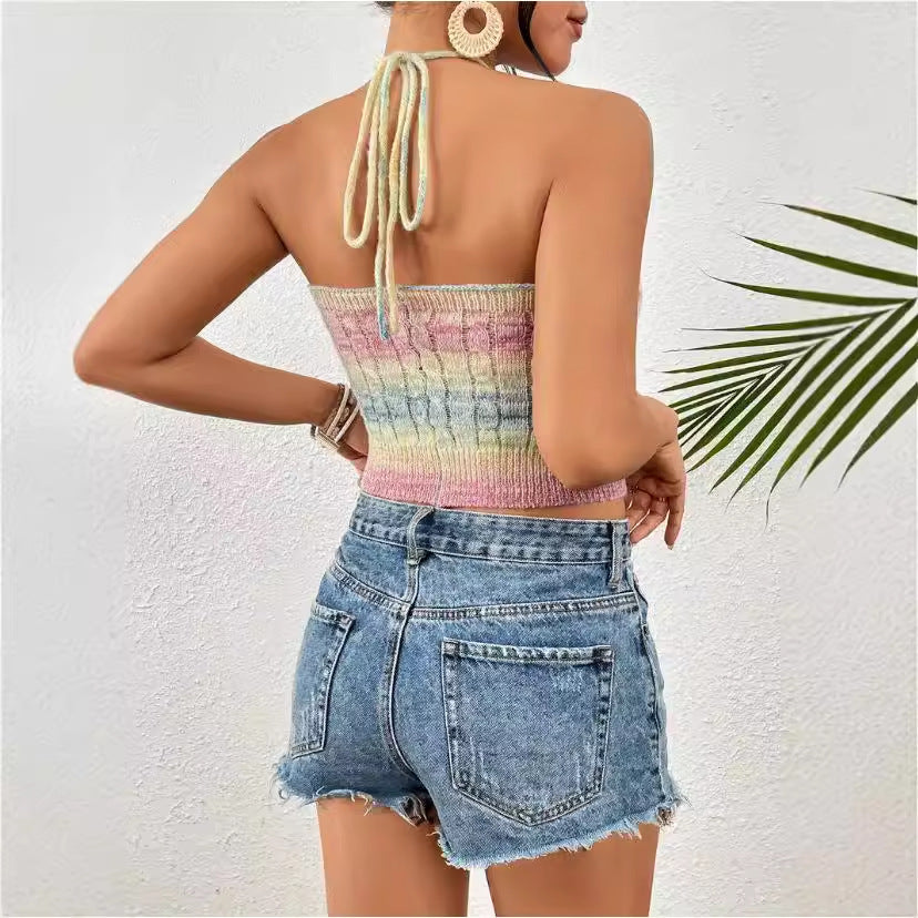 Top court dos-nu femme – Coupe slim – Maille torsadée – Ourlet côtelé