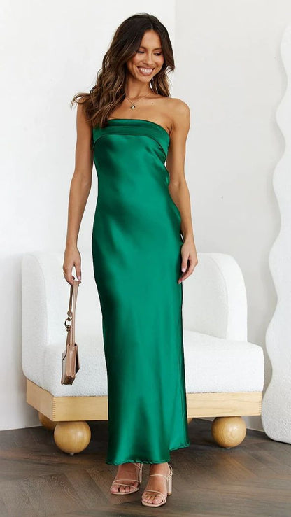 Robe longue femme – Satin lisse – Coupe slim élégante – Sans bretelles – Soirée formelle