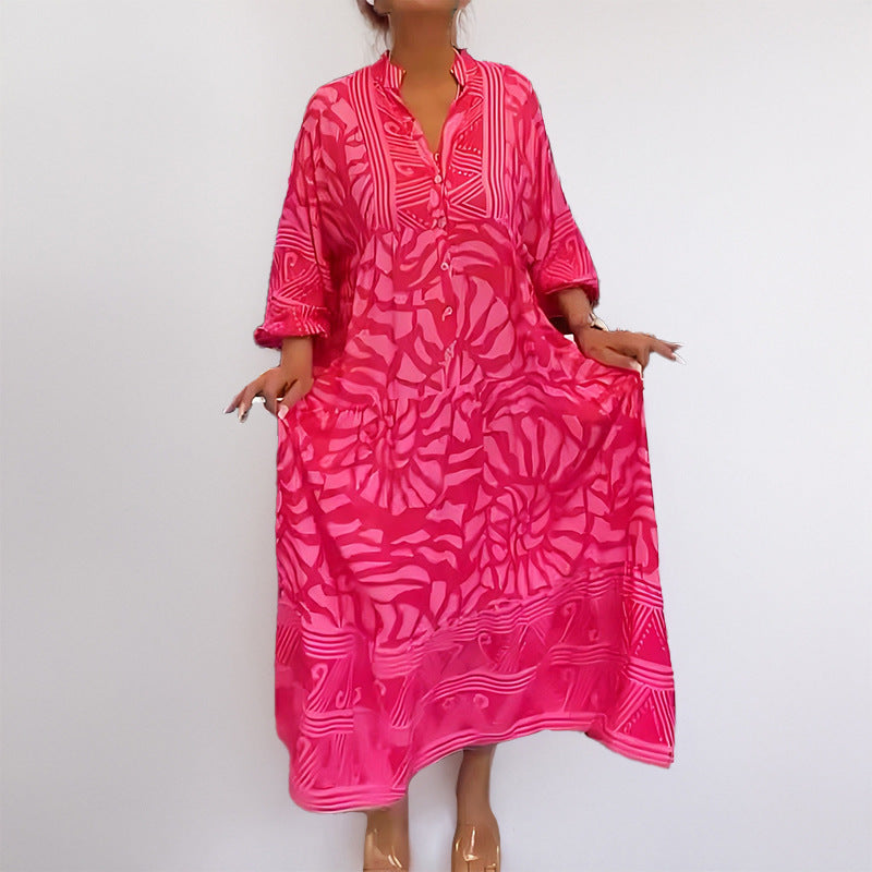 Robe midi femme – Coupe ample – Tissu léger – Imprimé – Manches retroussables