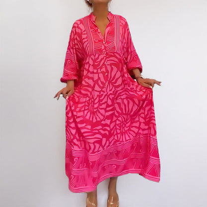 Robe midi femme – Coupe ample – Tissu léger – Imprimé – Manches retroussables