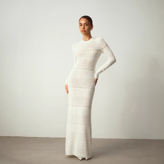 Robe longue femme – Coupe ajustée – Maille côtelée – Manches longues – Col rond