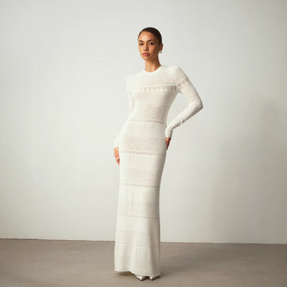 Robe longue femme – Coupe ajustée – Maille côtelée – Manches longues – Col rond