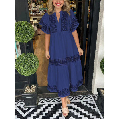 Robe midi femme – Coupe ample – Col en V – Détails imprimés – Tissu coton
