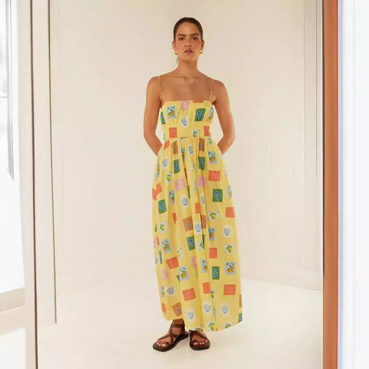 Robe longue femme – Épaules dénudées – Bretelles fines – Coupe fluide – Haut froncé