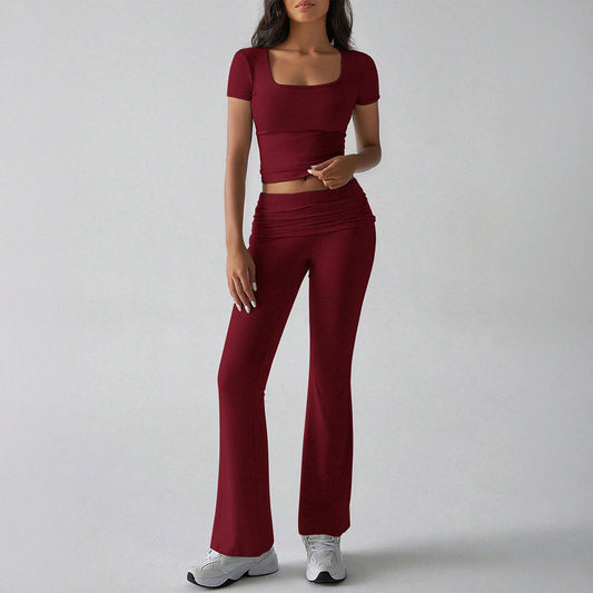 Ensemble Deux Pièces Femme – Top Court Ajusté Col Carré Manches Courtes – Pantalon Évasé