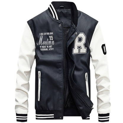 Blouson homme style varsity – Corps cuir lisse – Finition côtelée – Fermeture pression