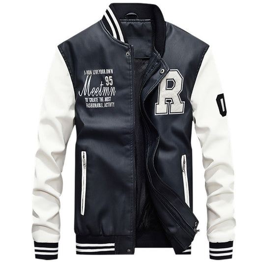 Blouson homme style varsity – Corps cuir lisse – Finition côtelée – Fermeture pression