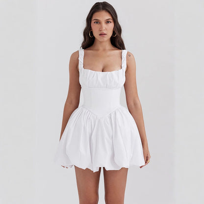 Robe trapèze femme – Bustier ajusté – Bretelles à volants – Jupe bouffante mini